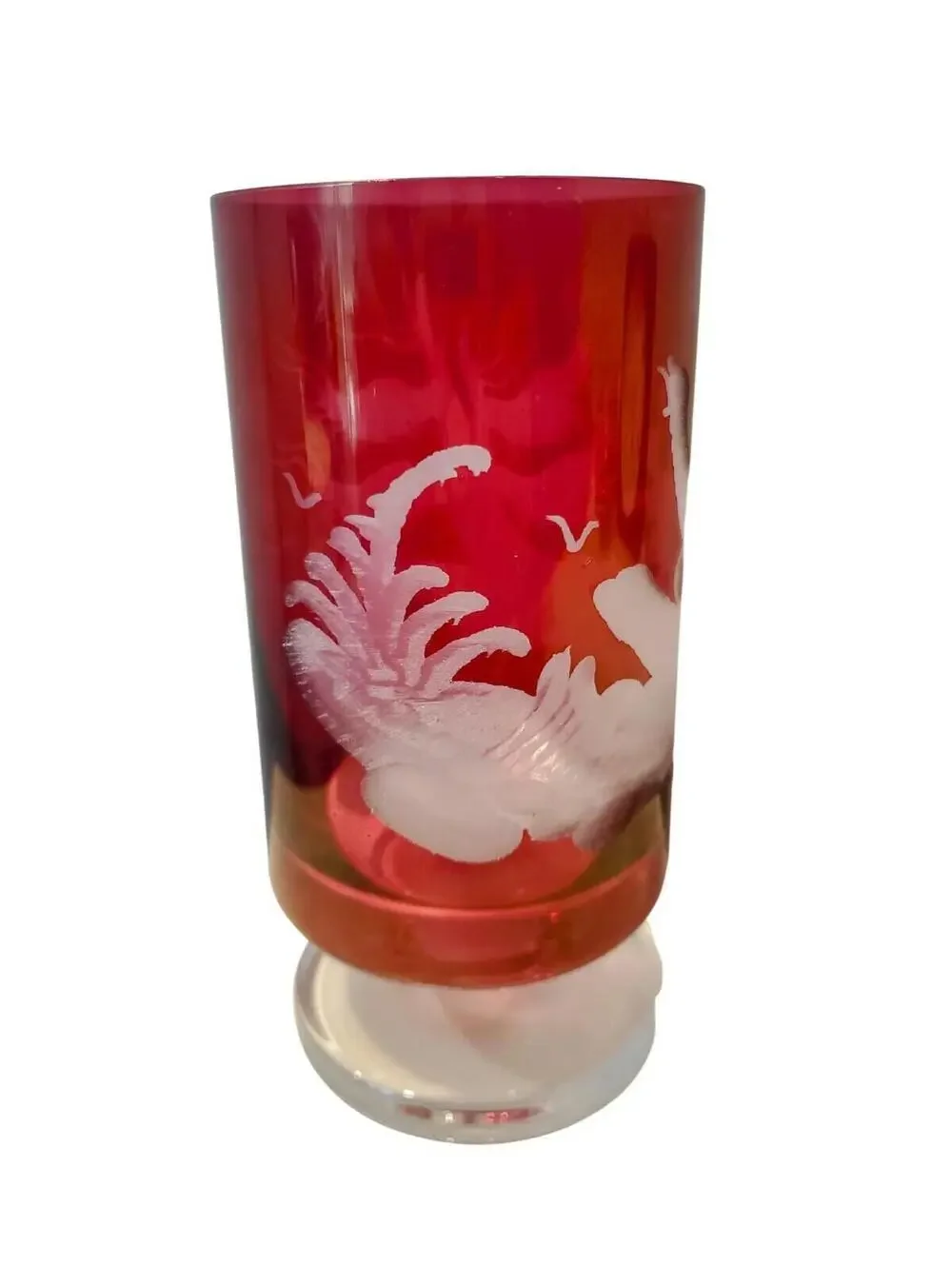 Vtg Riedel Tyrol Cranberry Etched Crystal Footed Drinking Glass Hunting Motif